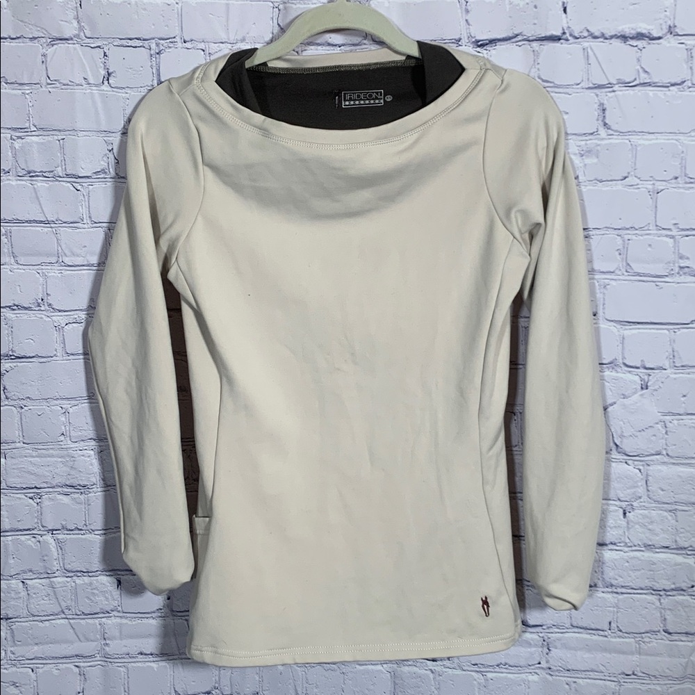 Irideon Women Himalayer Long Sleeve Boat Neck Shirt Cream Brown Sz XS Equestrian